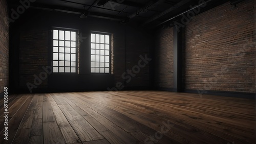 Empty black dark room with wooden flooring and brick walls from Generative AI