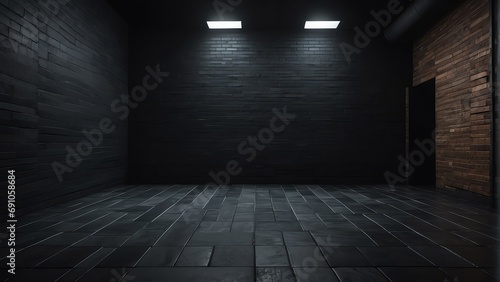 Empty black dark room with tile flooring and brick walls from Generative AI