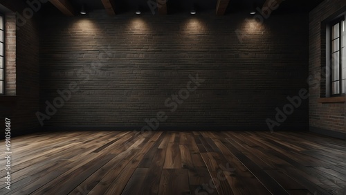 Empty black dark room with wooden flooring and brick walls from Generative AI