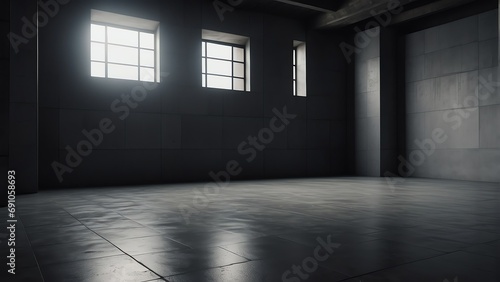 Empty black dark room with white tile flooring and concrete walls from Generative AI © sevenSkies