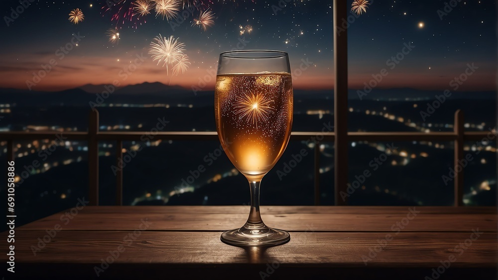 Wooden table with a glass of beverage and view of night sky with colorful fireworks background from Generative AI