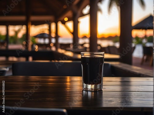 Black wooden table with a view of blurred beverages bar at a resort background from Generative AI