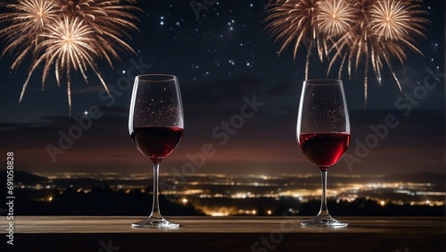Wooden table with a glass of red wine and view of night sky with fireworks background from Generative AI