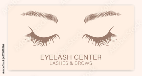 Female eyes with long eyelashes and eyebrows. Beauty logo for eyelash and eyebrow center. Logo, business card, vector