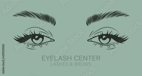 Female eyes with long eyelashes and eyebrows. Beauty logo for eyelash and eyebrow center. Logo, business card, vector