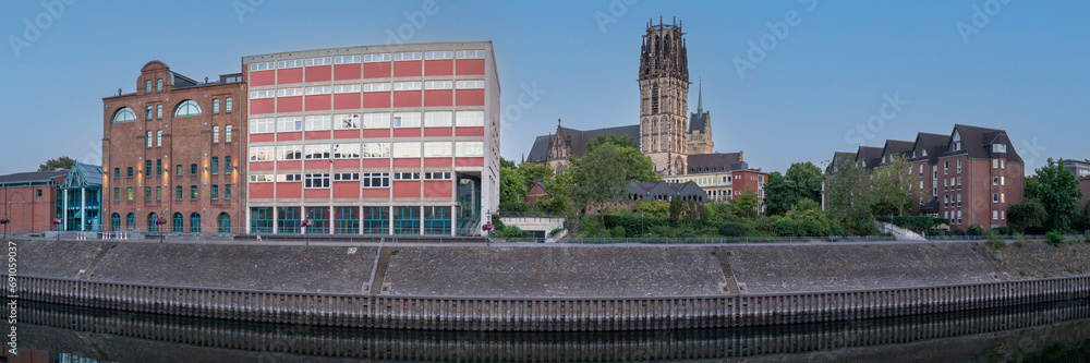 Cityscape of Duisburg at Dusk, View of Old Town and Salvator Church.