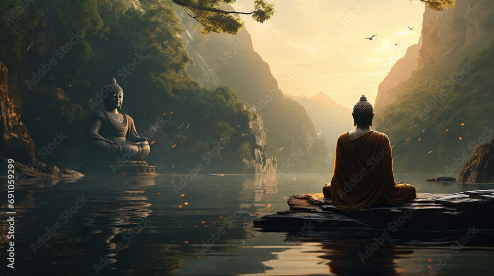 A serene meditation scene, portraying Buddha in deep contemplation, representing the practice of mindfulness and meditation.