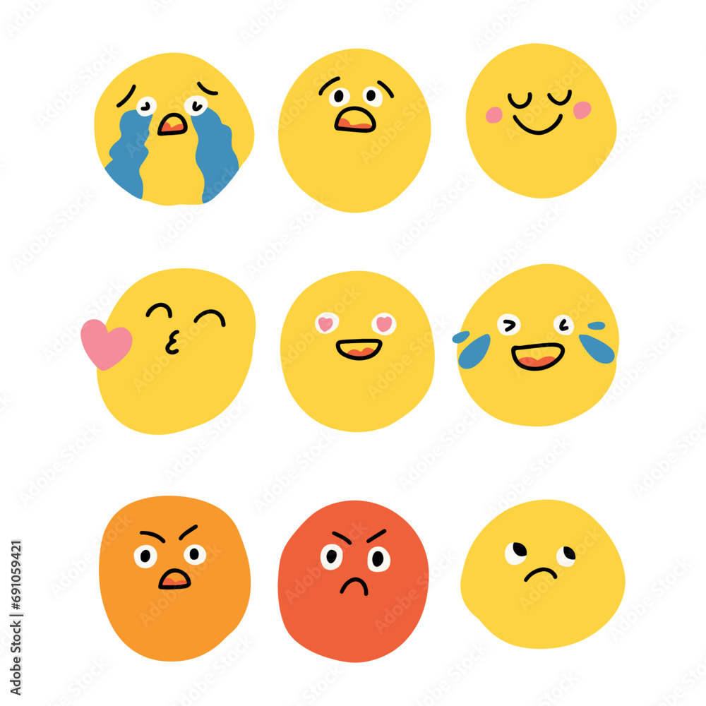 Emoji set. Emoticon cartoon emojis symbols digital chat objects vector icons set. Round abstract comic Faces with various Emotions.Crayon drawing style. Flat design. Vector illustration