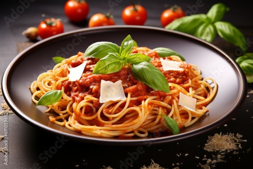 Traditional Italian linguini pasta with tomatoes and basil is isolated on a white background.