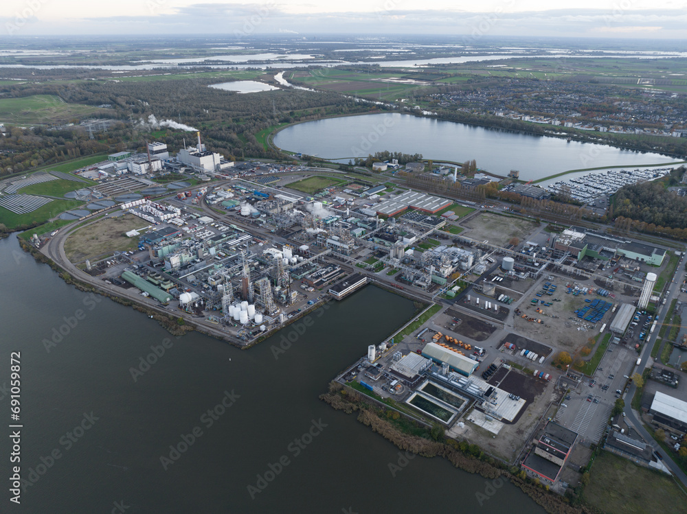 Aerial drone view of a fluoropolymers production facility in Dordrecht, The Netherlands.