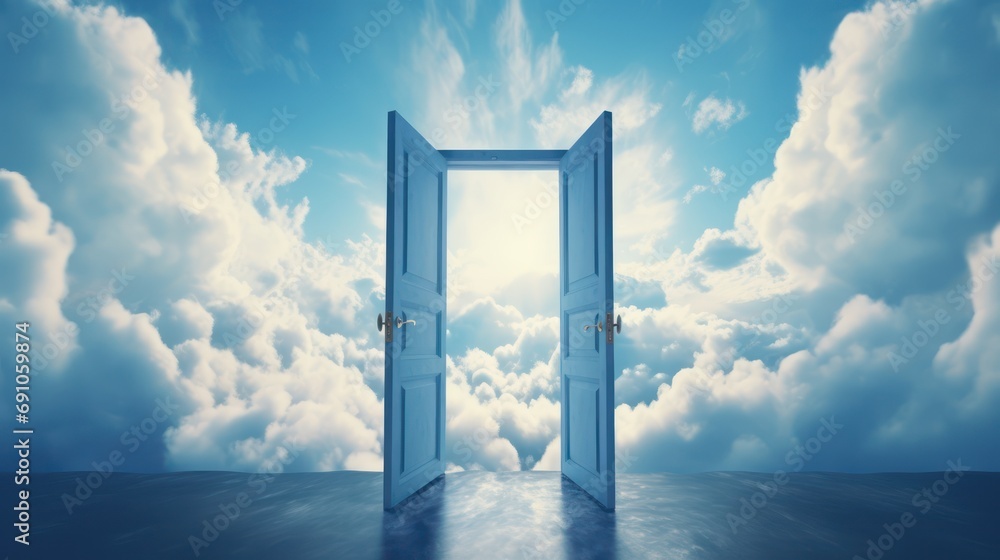 Door open in the blue clouds, film photo, color, Film texture, Surreal, award-winning photograph, Door open in the blue clouds, film photo, color, Film texture, Surreal, award-winning photograph,
