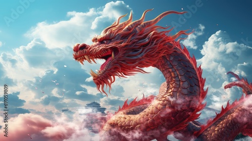 Digital art of a red chinese dragon on the sky. © Thuch