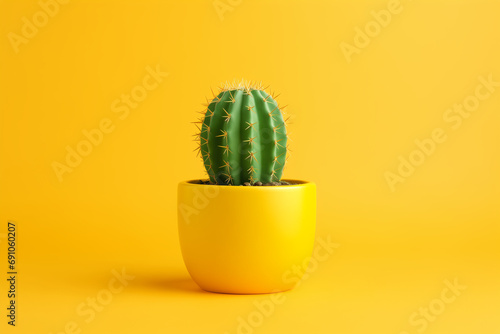 Vibrant green cactus plant pot on bright yellow background, design for modern interiors and minimalist decor, DIY project. Banner with space for text.
