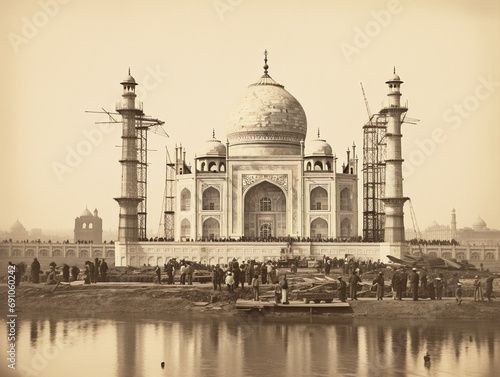 Vintage black and white photo capturing the initial construction of the Taj Mahal monument.