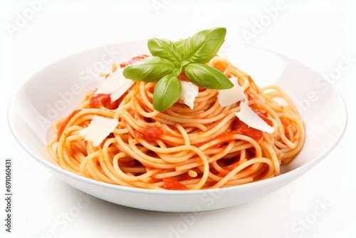 Traditional Italian linguini pasta with tomatoes and basil is isolated on a white background.