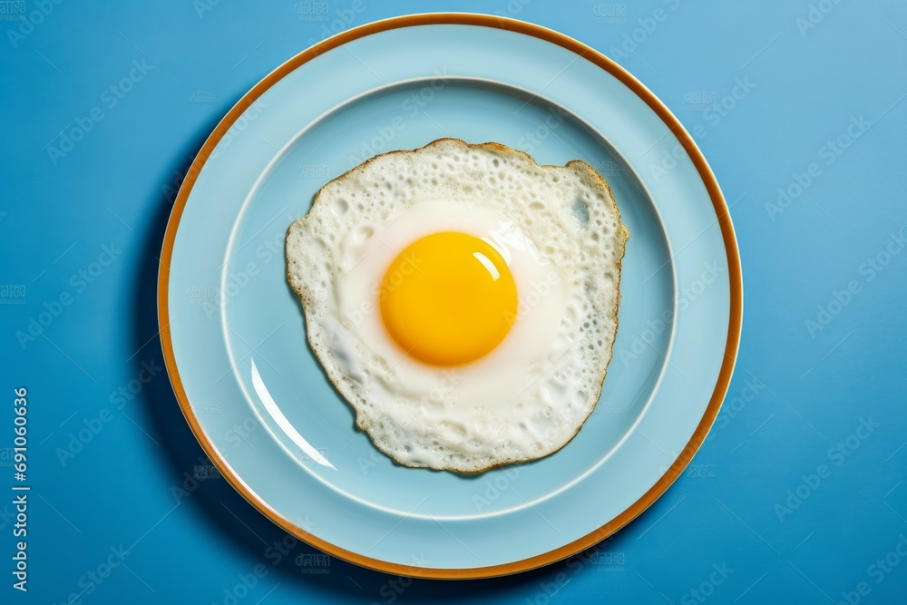 Fried egg on blue plate top view
Fried egg on blue plate top view