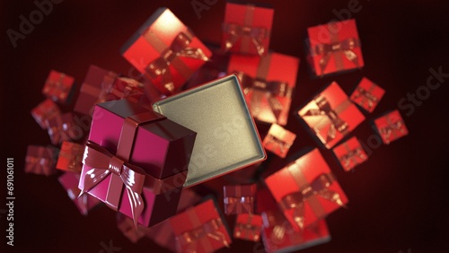 christmas gift boxes many gifts are flying on a red background photo