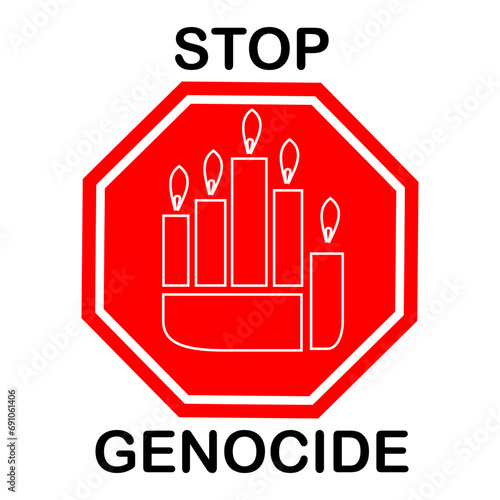 A symbol about stopping to commit genocide. Illustration of a hand-shaped red candle marked stop genocide.