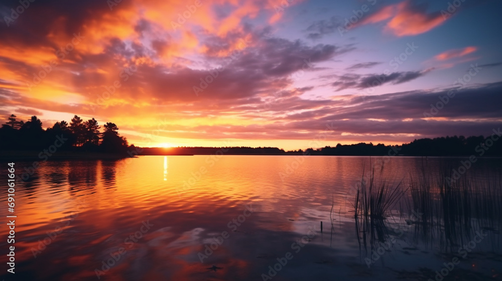 A breathtaking sunset over a serene lake, with warm hues reflecting on the water, captured in stunning HD quality by a camera with meticulous detail