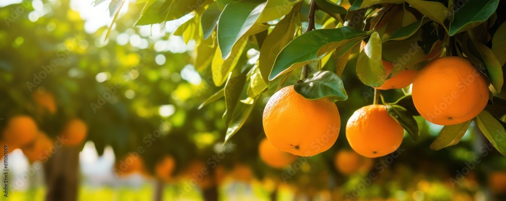 Orange garden in sunny day. Fresh ripe oranges hanging on trees in orange garden. 