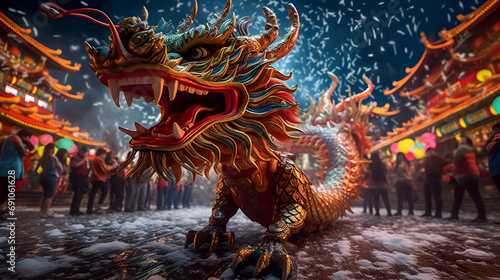 3D Illustration for Chinese New Year with a dragon and a parade with people near temples photo