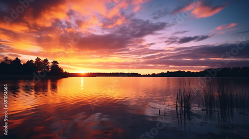 A breathtaking sunset over a serene lake, with warm hues reflecting on the water, captured in stunning HD quality by a camera with meticulous detail © Love Mohammad