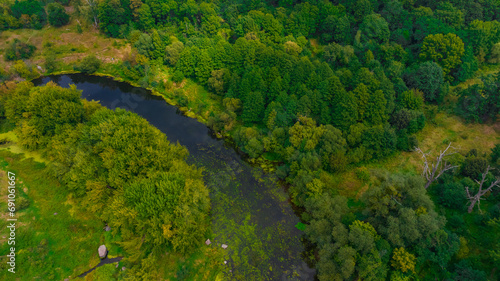 drone photography aerial scenic view of green foliage wood land with small river stream spring time April month season idyllic panoramic natural environment