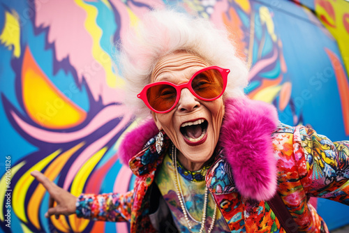 Matured funny woman with wrinkles in her face wearing colorful cloths in an abstract background. beautiful happy mid age woman wearing cosmetics sunglasses and fancy luxury jewellery's in an outdoor