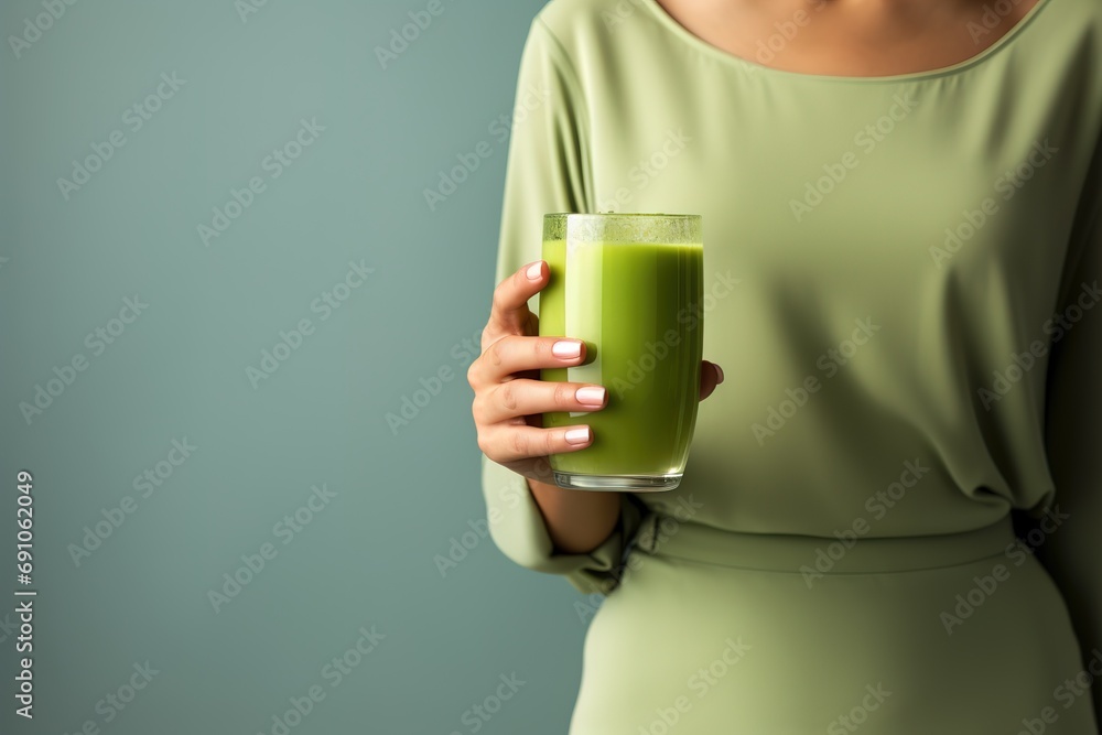 Health conscious young woman enjoying nutritious green smoothie in modern kitchen - obrazy, fototapety, plakaty 