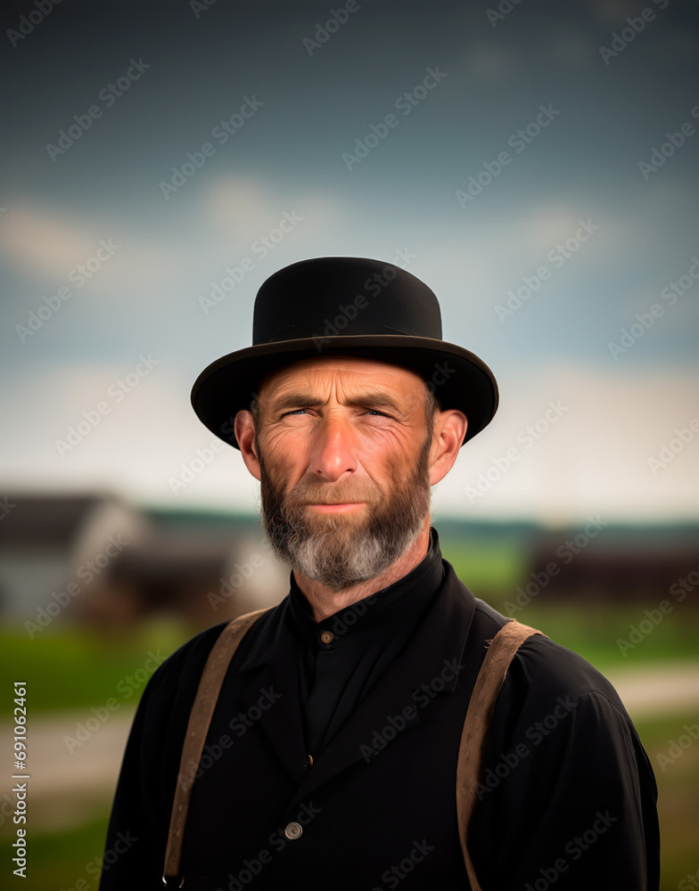 Portrait of an Amish man in traditional attire, serene rural background.
