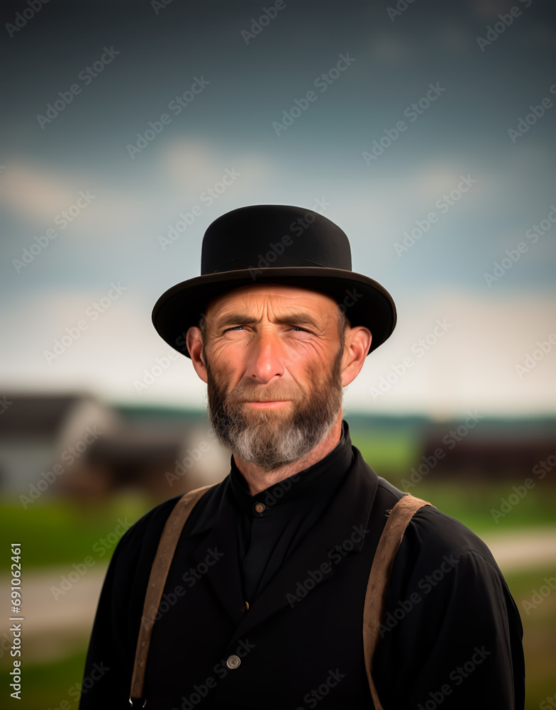 Portrait of an Amish man in traditional attire, serene rural background.
Portrait of an Amish man in traditional attire, serene rural background.