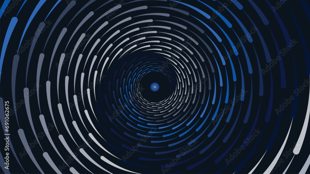Abstarct spiral dotted line spinning vortex style background in dark blue color. This creative minimalist style background can be used as a banner or wallpaper. 