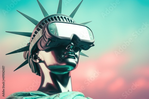 Futuristic glossy sculpture of the statue of liberty wearing vr goggles against a pink sunset with copy space.