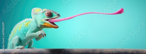 Banner with funny blue chameleon with extended pink tongue while hunting against blue background. photo