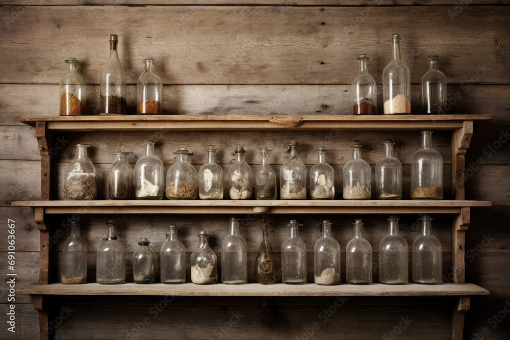 old empty glass bottles on grunge wooden shelf. old empty glass bottles on grunge wooden shelf.