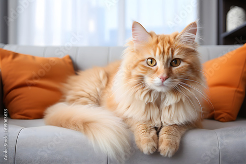 A fluffy peach-colored cat is sitting on the couch, a close-up portrait of a pet.