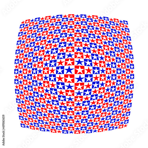 An illustration of a pattern consisting of alternating pairs of red and blue stars magnified in the middle, isolated on a white background.