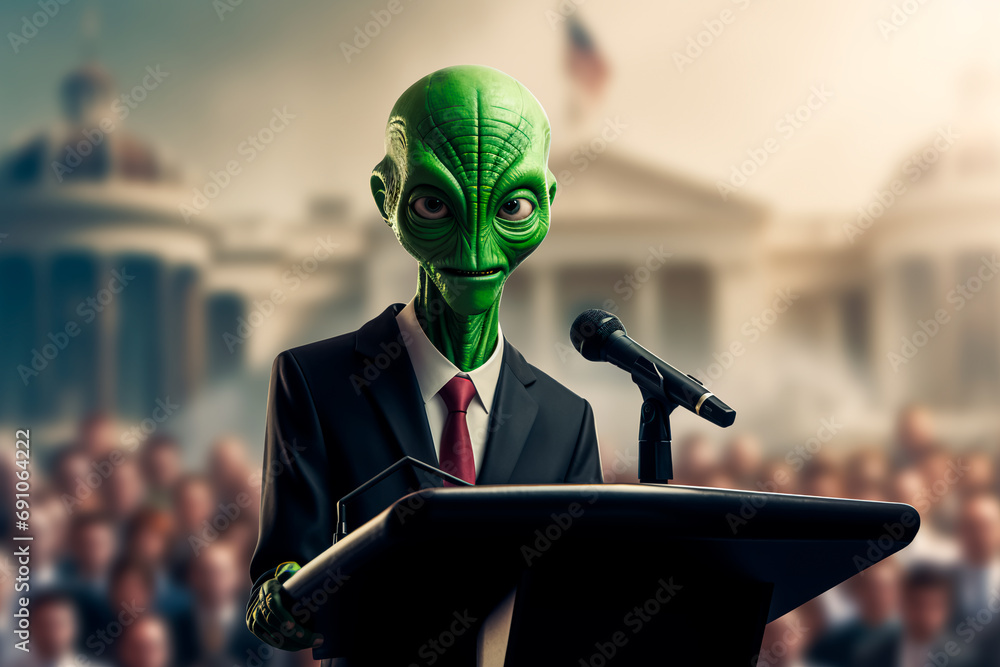 Whimsical illustration: A green alien in a sharp black suit stands ...
