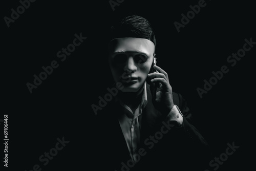 Canvastavla Unknown businessman wearing mask with covered face using mobile phone makes an anonymous call intimidating and threatening the interlocutor on dark background