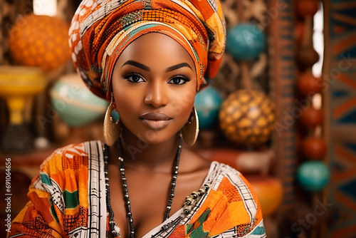 Exquisite African woman adorned in traditional attire and accessories, set against a backdrop of captivating African patterns. 