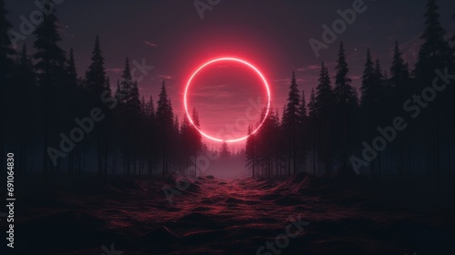 A glowing circle in the middle of nowhere in the minimalist style of retro visuals, vibrant fantasy landscapes, cyberpunk. Night landscape