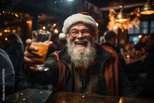 group of happy friends sitting near big table ,drinking alcohol and celebrating Christmas photo