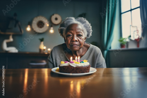 sad or depressed grandma, alone old woman on her birthday with cake photo