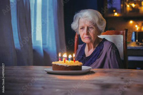 sad or depressed grandma, alone old woman on her birthday with cake photo