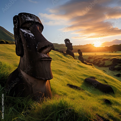 Moai , statues of Easter Island , evening photo created with Generative AI technology photo