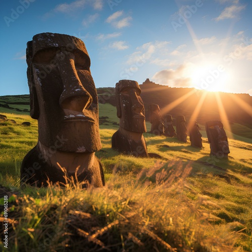 Moai , statues of Easter Island , evening photo created with Generative AI technology photo