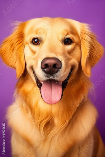 A close-up portrait of a golden retriever puppy on a purple background