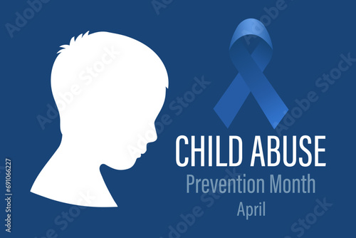 Child Abuse Prevention Month, April. Silhouette of a child in profile and a blue ribbon. Banner, poster