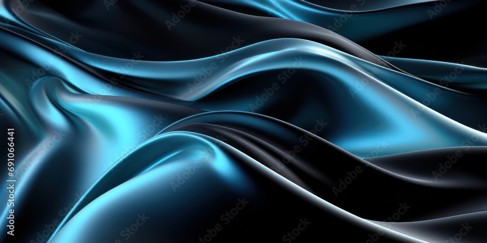Obraz premium White blue 3d render of dark and black silk displaying white iridescent holographic foll in style of black abstract background,metallic