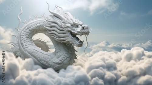 White dragon rising into the sky above the clouds, in the style of confucian ideology, rendered in maya, made of rubber, flickr, realistic forms, stylish, photo